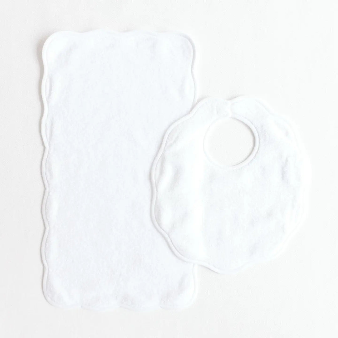 Bib & Burp Set - White Solid Scalloped Edge
