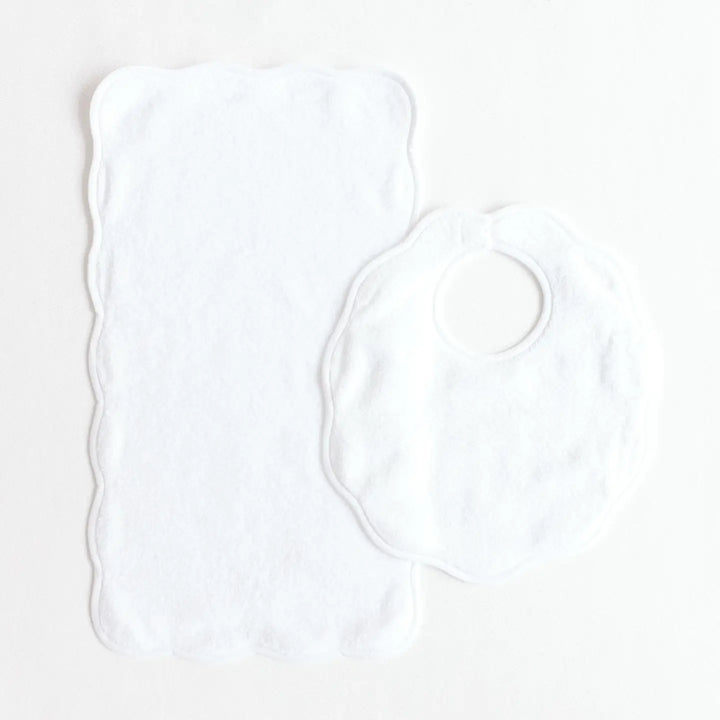 Bib & Burp Set - White Solid Scalloped Edge