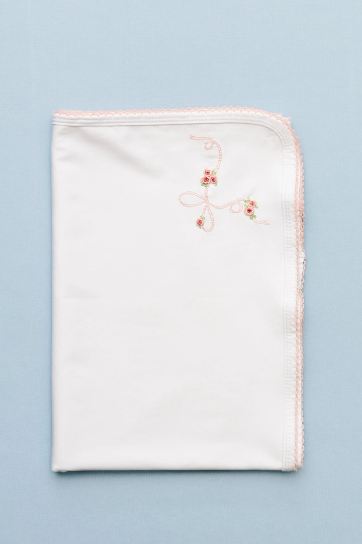 Bitty Bows Baby Blanket -  White with Pink Picot Trim