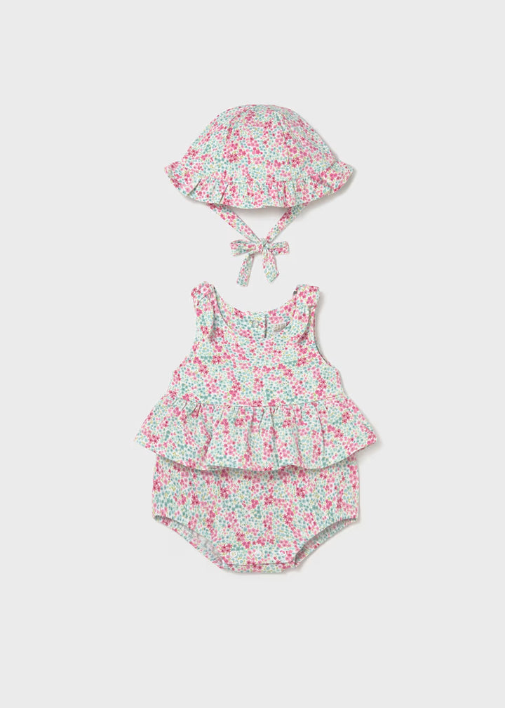 Printed Romper with Hat Set - Aqua