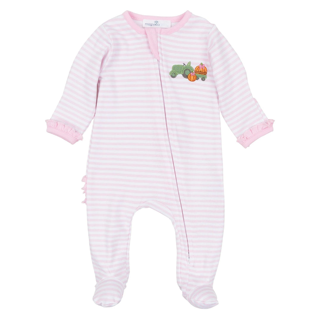 Pumpkin Tractor Applique Ruffle Zip Footie - Pink