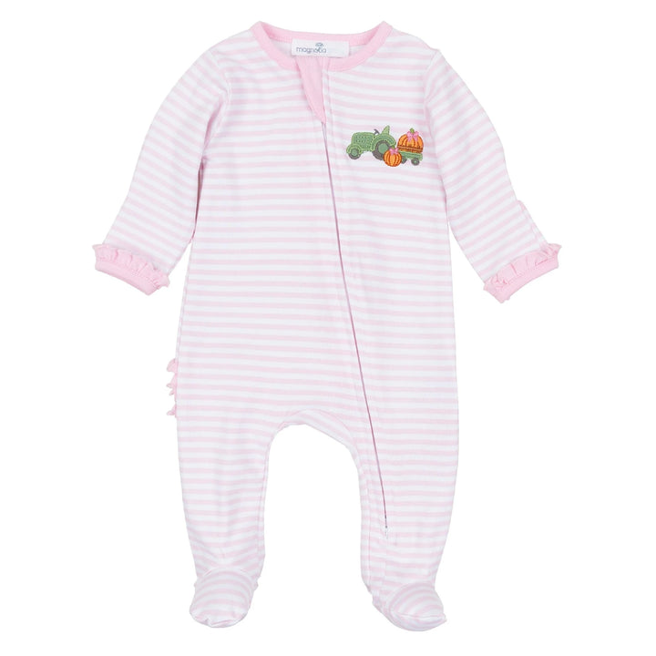 Pumpkin Tractor Applique Ruffle Zip Footie - Pink