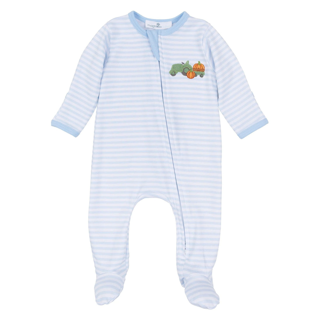 Pumpkin Tractor Applique Zip Footie - Light Blue